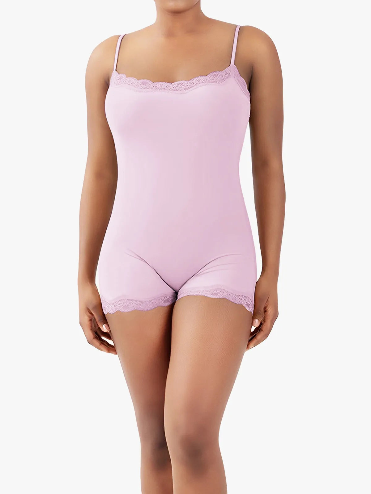 Lace Trimmed High Stretch Scoop Neck Cami Boy Short Bodysuits