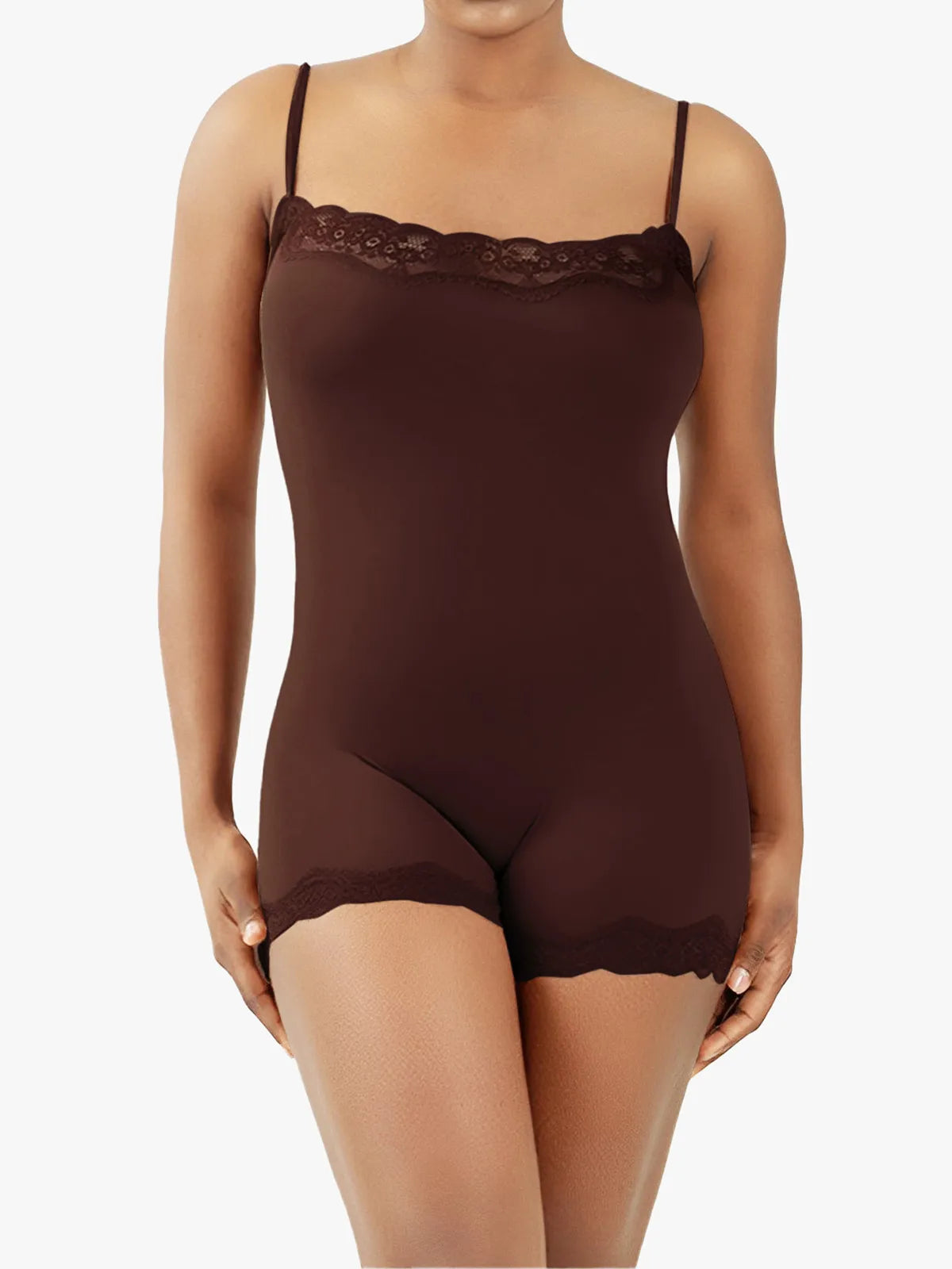 Lace Trimmed High Stretch Scoop Neck Cami Boy Short Bodysuits