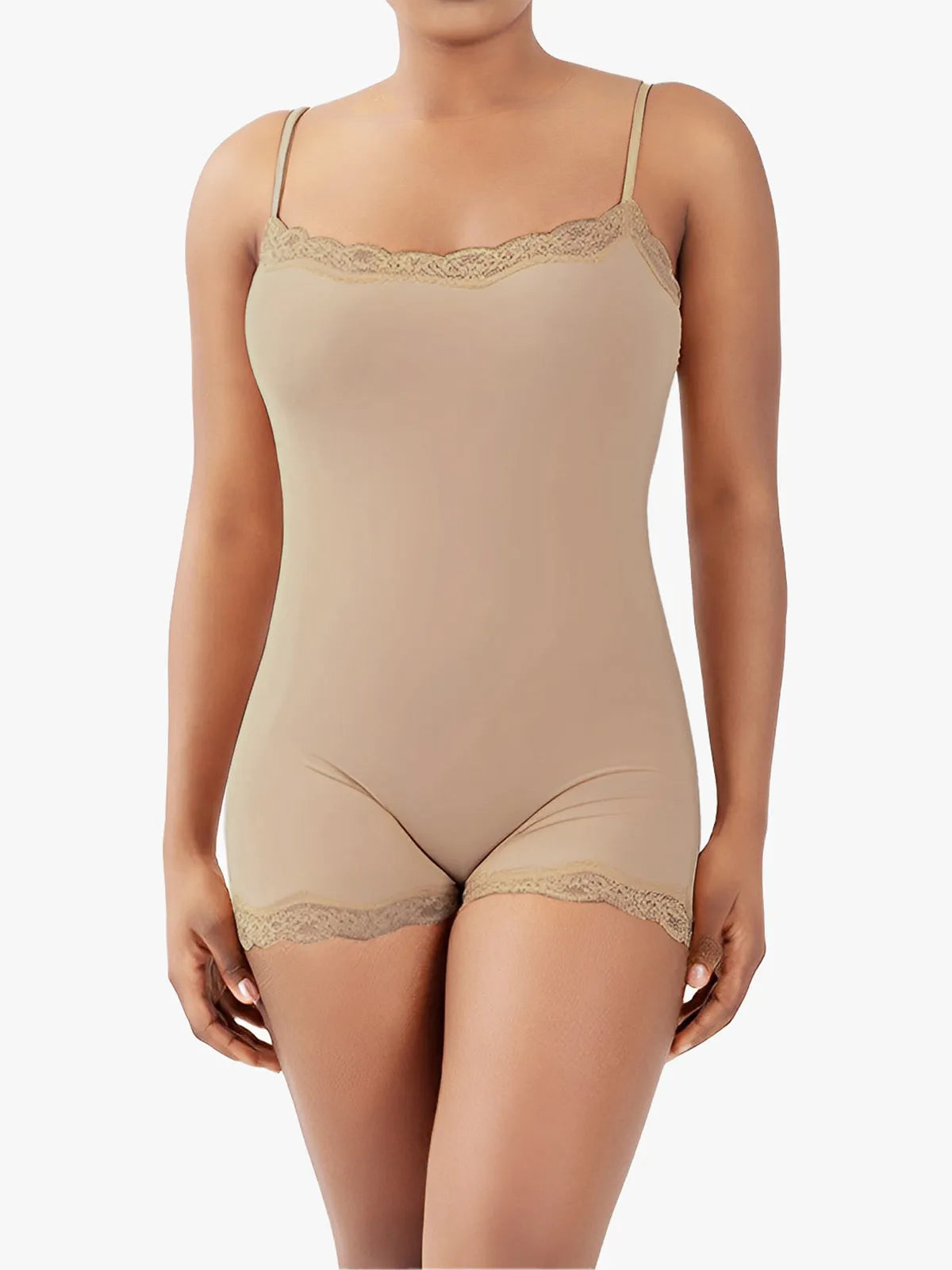 Lace Trimmed High Stretch Scoop Neck Cami Boy Short Bodysuits