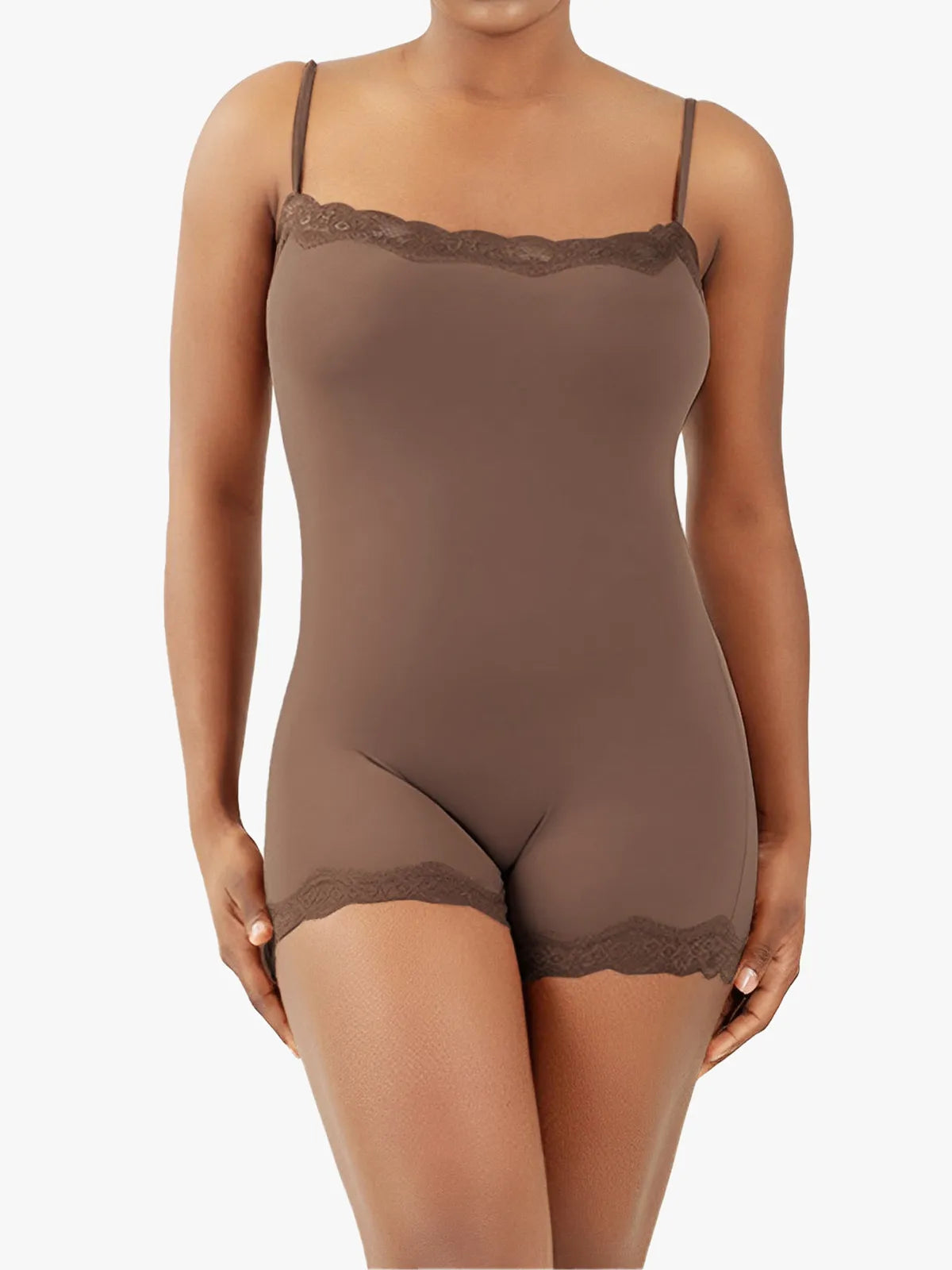 Lace Trimmed High Stretch Scoop Neck Cami Boy Short Bodysuits