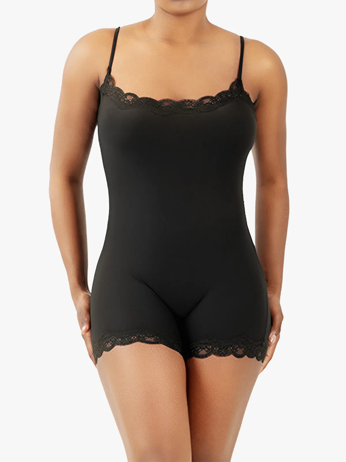 Lace Trimmed High Stretch Scoop Neck Cami Boy Short Bodysuits
