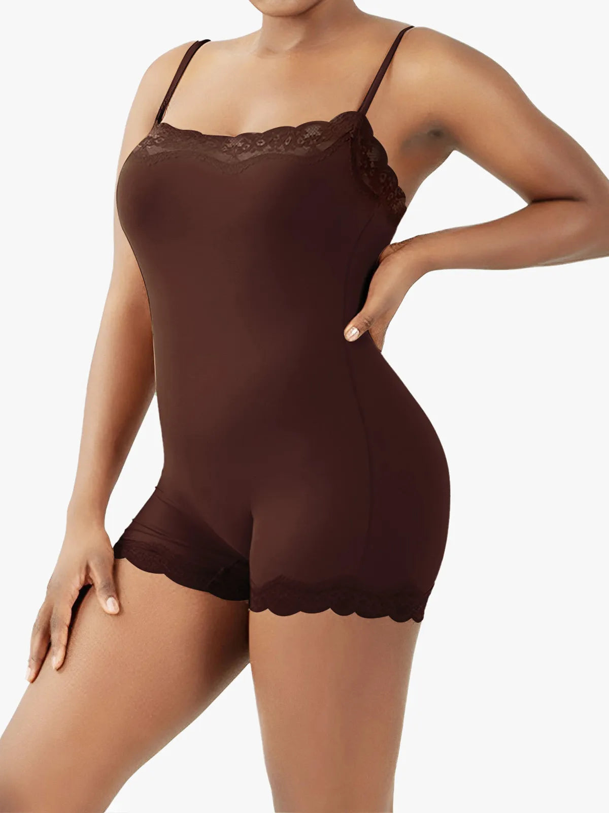 Lace Trimmed High Stretch Scoop Neck Cami Boy Short Bodysuits