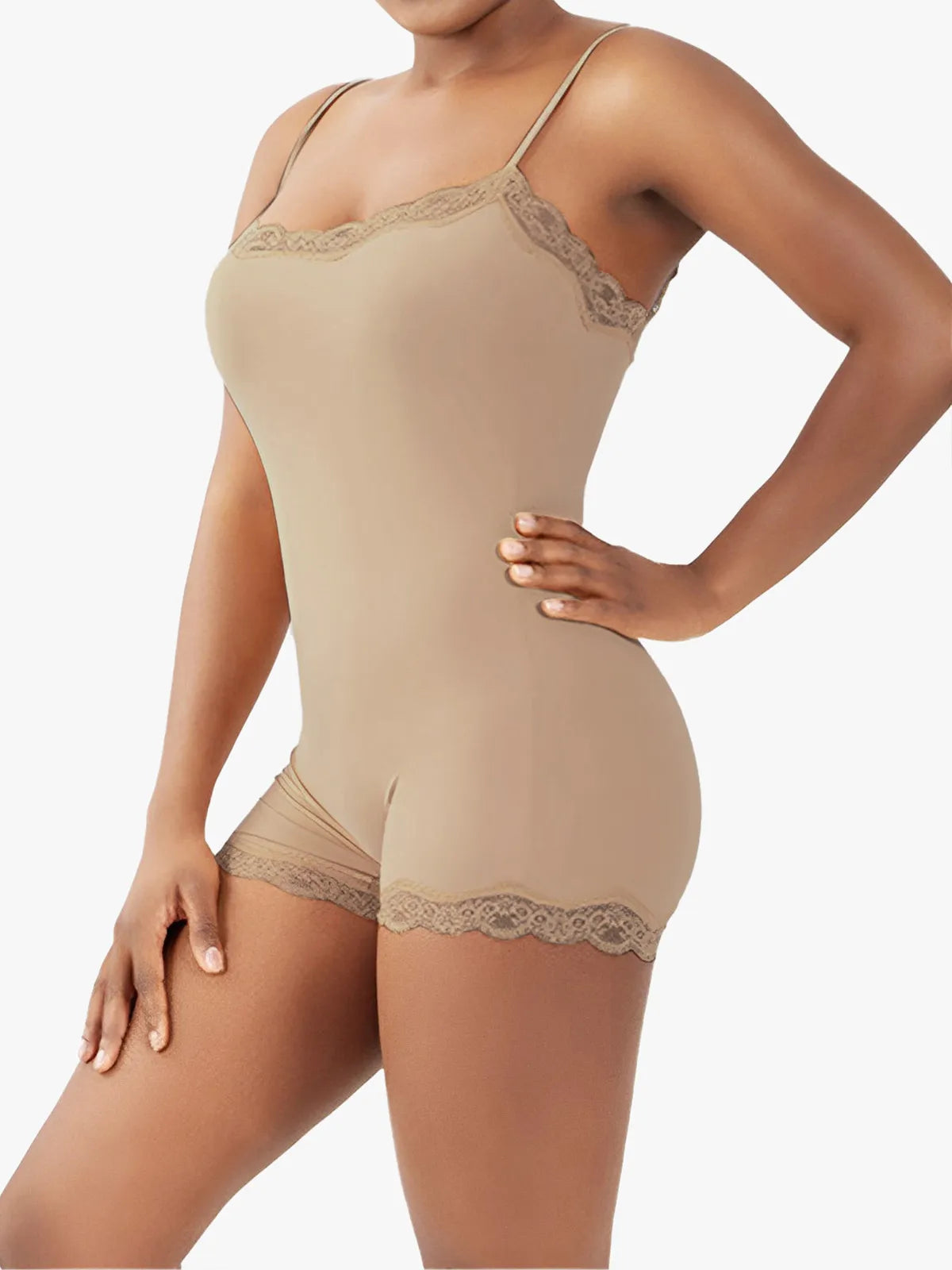Lace Trimmed High Stretch Scoop Neck Cami Boy Short Bodysuits