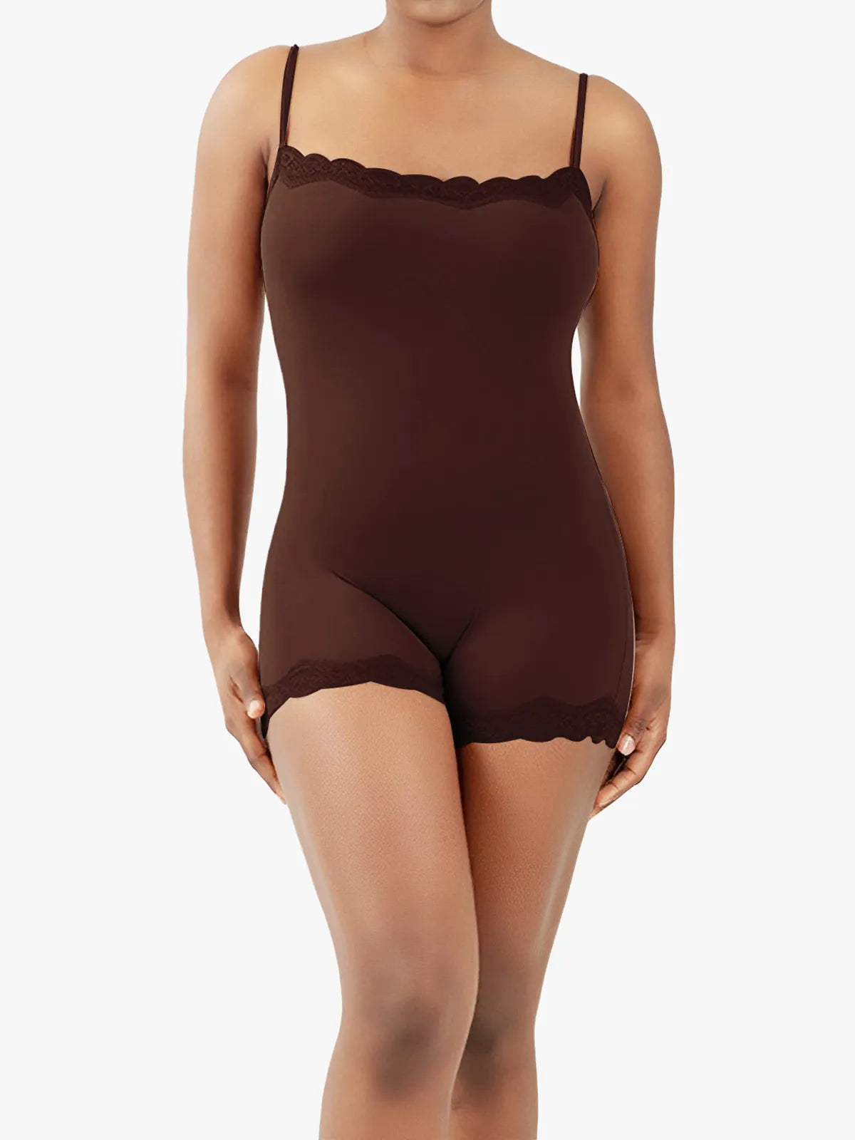 Lace Trimmed High Stretch Scoop Neck Cami Boy Short Bodysuits