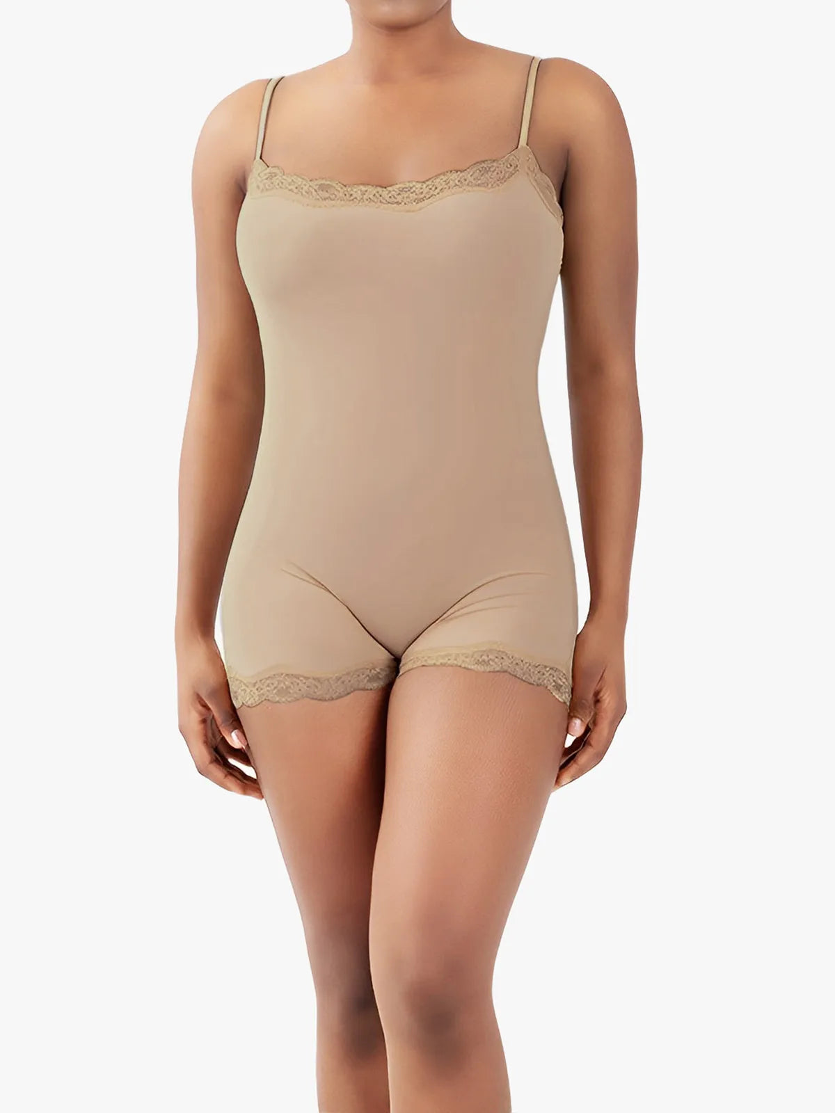 Lace Trimmed High Stretch Scoop Neck Cami Boy Short Bodysuits