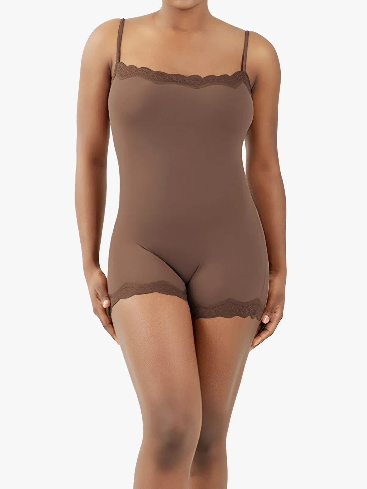 Lace Trimmed High Stretch Scoop Neck Cami Boy Short Bodysuits