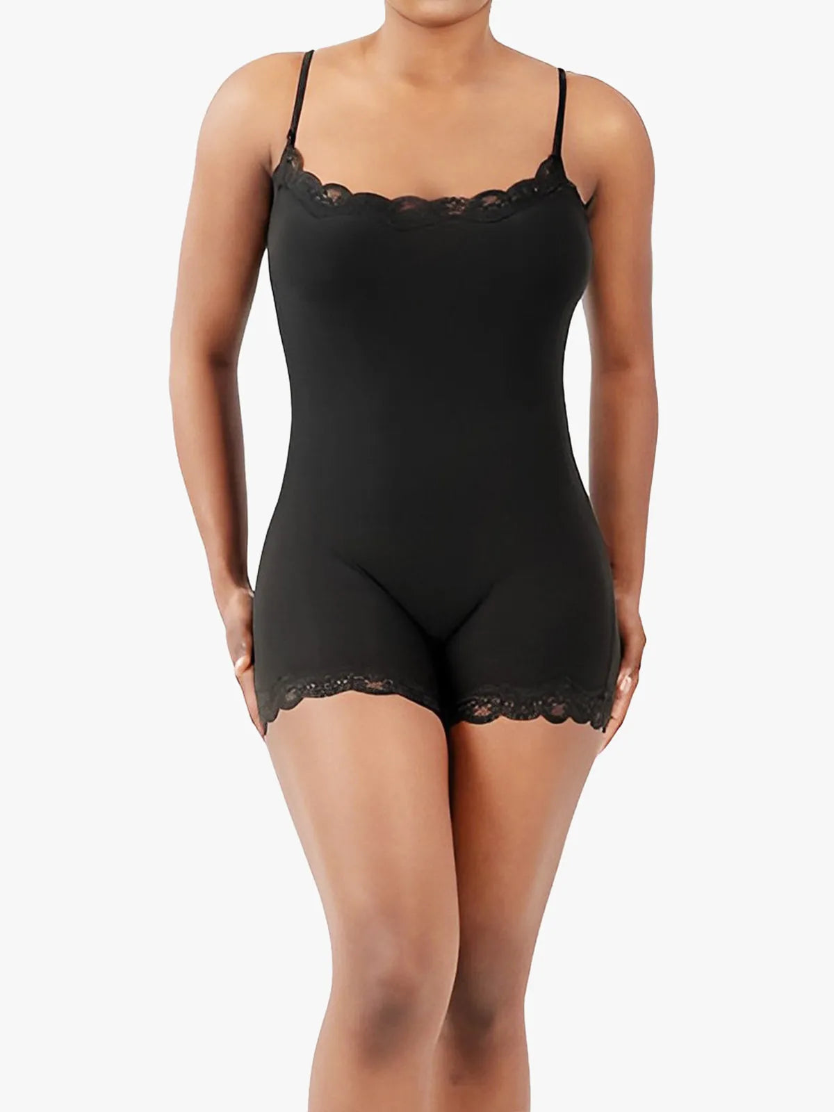 Lace Trimmed High Stretch Scoop Neck Cami Boy Short Bodysuits