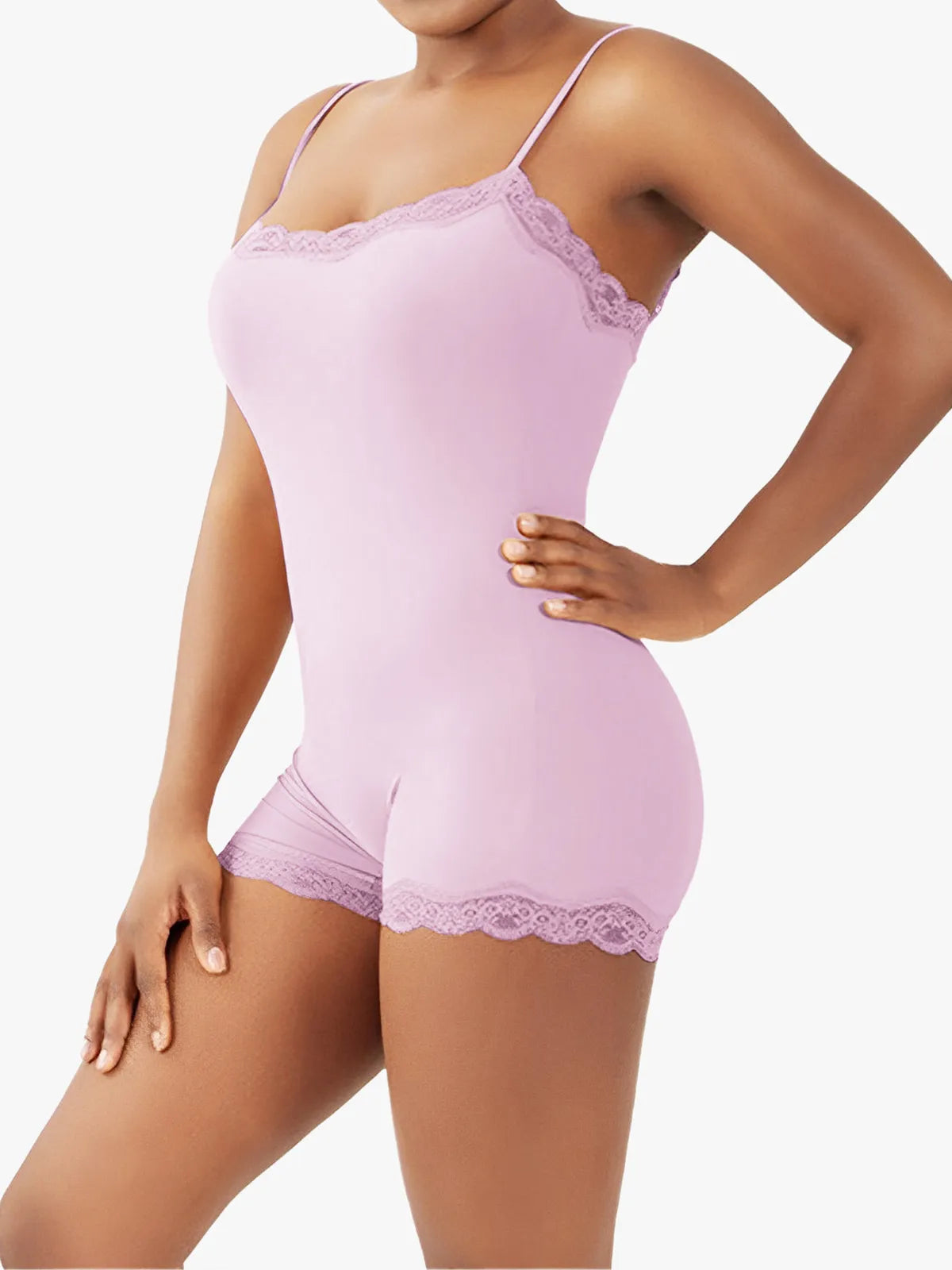 Lace Trimmed High Stretch Scoop Neck Cami Boy Short Bodysuits