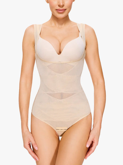Slimming Mesh Tummy Control Bodysuit with Crotch Buckle Open Bust Thong Bodysuit