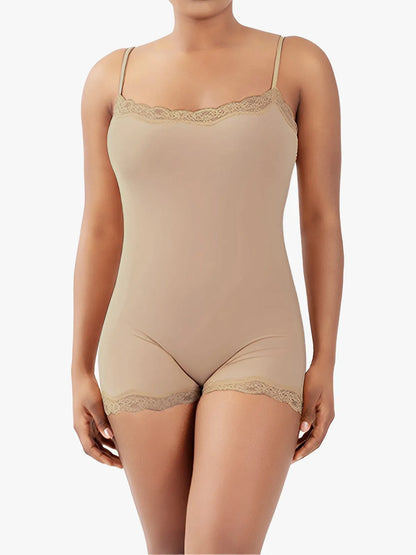 Lace Trimmed High Stretch Scoop Neck Cami Boy Short Bodysuits