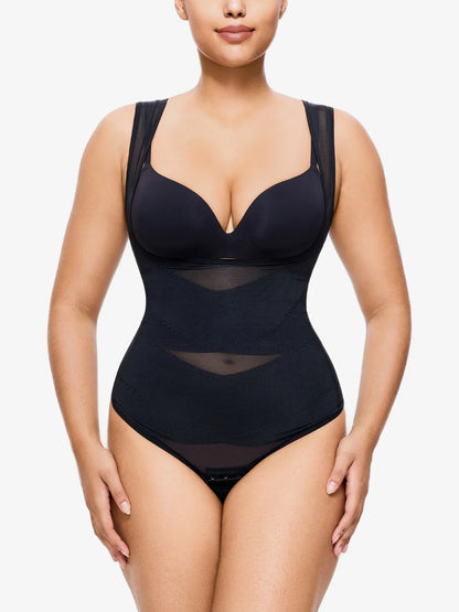 Slimming Mesh Tummy Control Bodysuit with Crotch Buckle Open Bust Thong Bodysuit