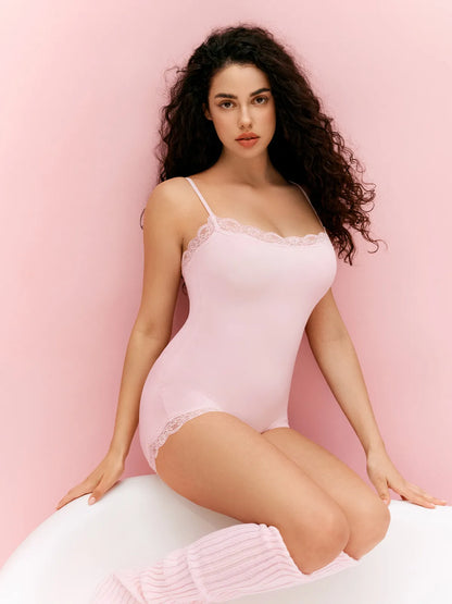 Lace Trimmed High Stretch Scoop Neck Cami Boy Short Bodysuits