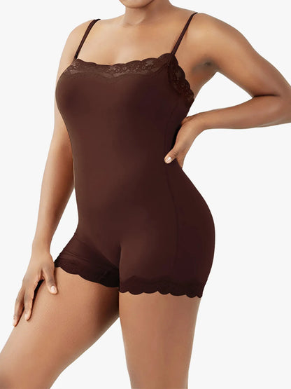 Lace Trimmed High Stretch Scoop Neck Cami Boy Short Bodysuits