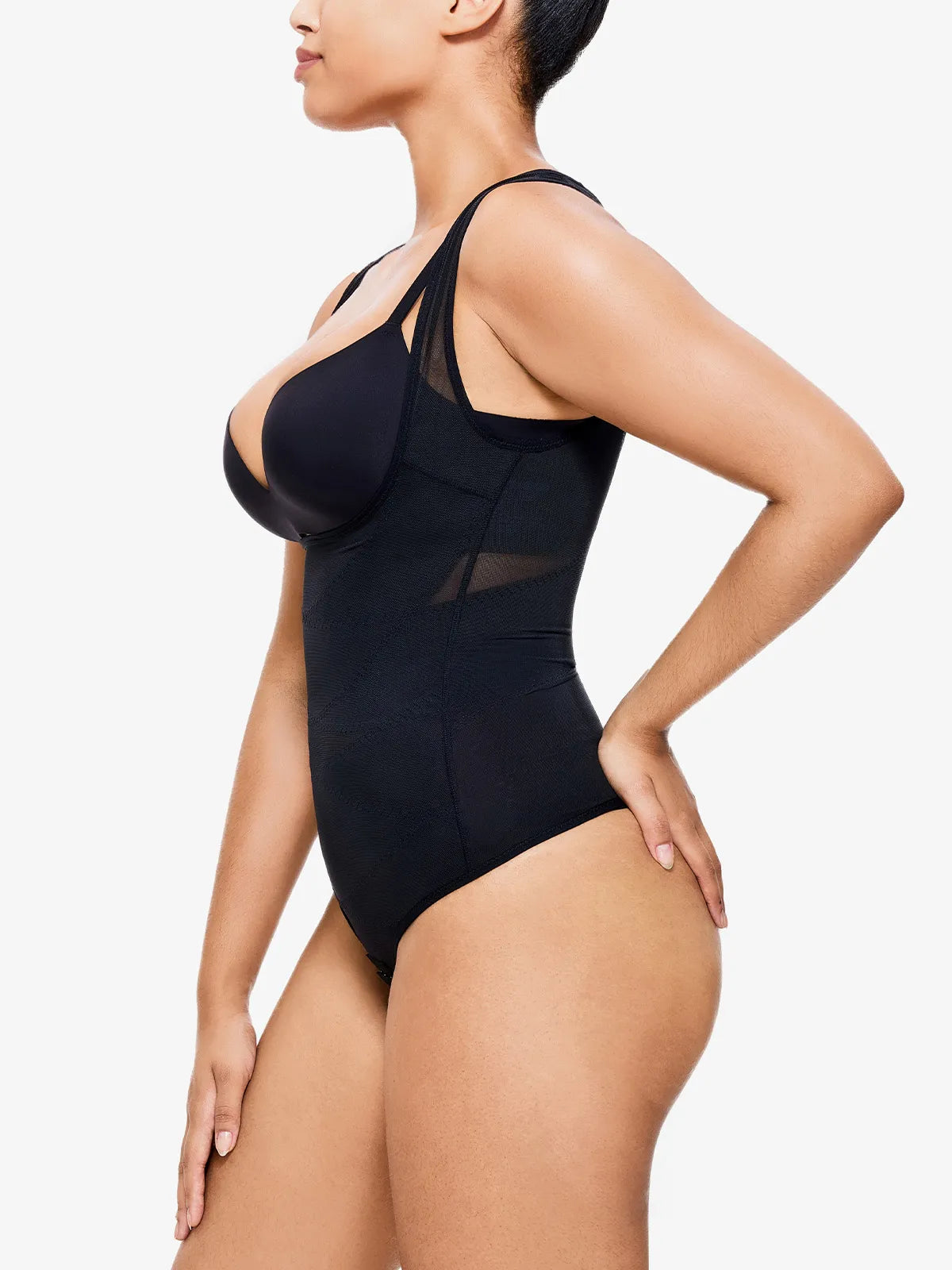 Slimming Mesh Tummy Control Bodysuit with Crotch Buckle Open Bust Thong Bodysuit