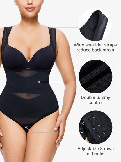 Slimming Mesh Tummy Control Bodysuit with Crotch Buckle Open Bust Thong Bodysuit