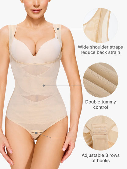 Slimming Mesh Tummy Control Bodysuit with Crotch Buckle Open Bust Thong Bodysuit