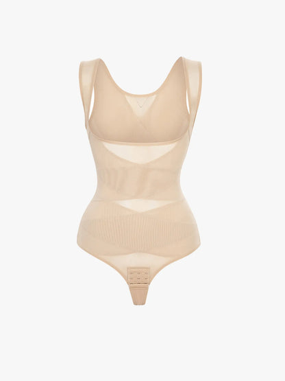 Slimming Mesh Tummy Control Bodysuit with Crotch Buckle Open Bust Thong Bodysuit