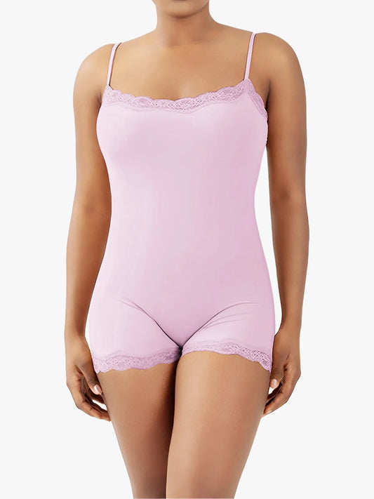 Lace Trimmed High Stretch Scoop Neck Cami Boy Short Bodysuits