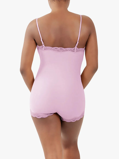 Lace Trimmed High Stretch Scoop Neck Cami Boy Short Bodysuits